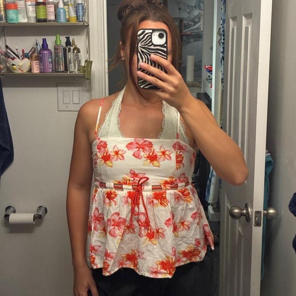 Orange and pink floral print peplum